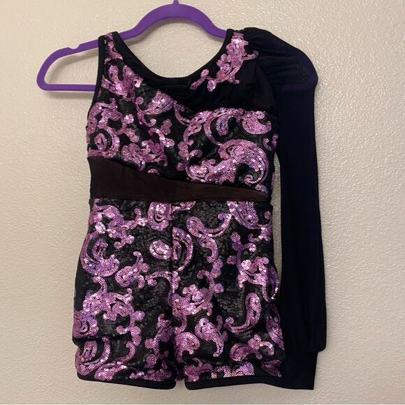 Revolution lavender sequin dance costume one sleeve LOVE ON RC25754 LC child - Picture 2 of 11